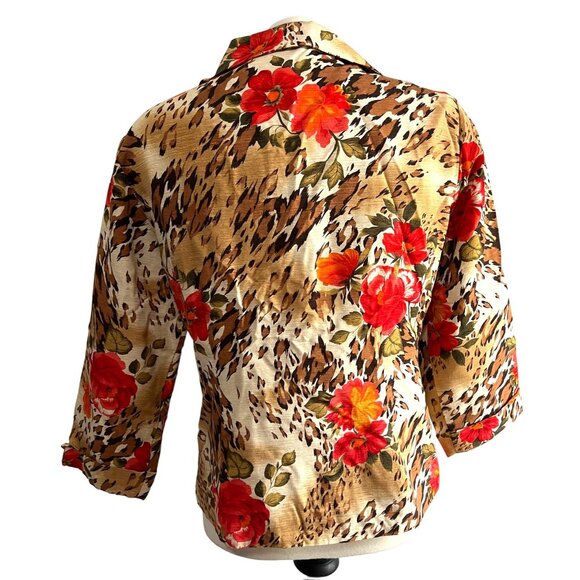 Vintage Silk Land Beaded Floral Button Down Sil Shirt Sz L Cheetah Print & Flora - Picture 2 of 11